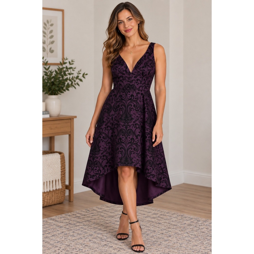 Maurices High Low Dress Womens Medium Purple Black Flocked Damask Sleeveless